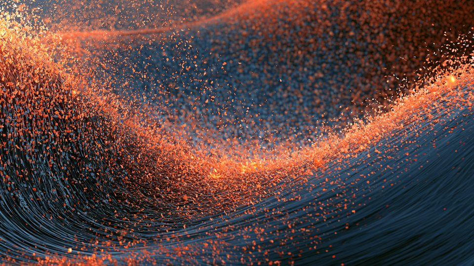 B2B Content Marketing 2026: Was der CMI-Benchmark-Report fuer die Praxis bedeutet Substanz statt Menge: Welle aus Content-Partikeln mit einzelnen hervorstechenden Elementen